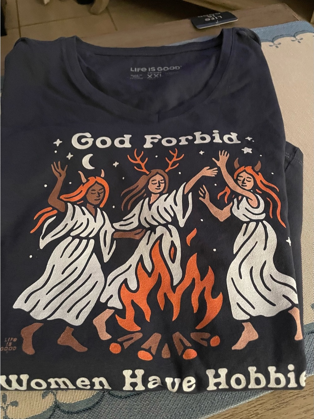 Life is Good "God Forbid" Women's Graphic Tee - Navy with Orange & White xxl